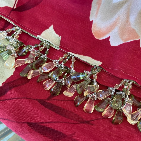 Dark Red Floral Wrap or Scarf with Beads at End - Picture 3 of 7